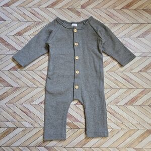 Baby Boy Girl Ribbed Gray Long Sleeve Front Button Jumpsuit Cotton One Piece